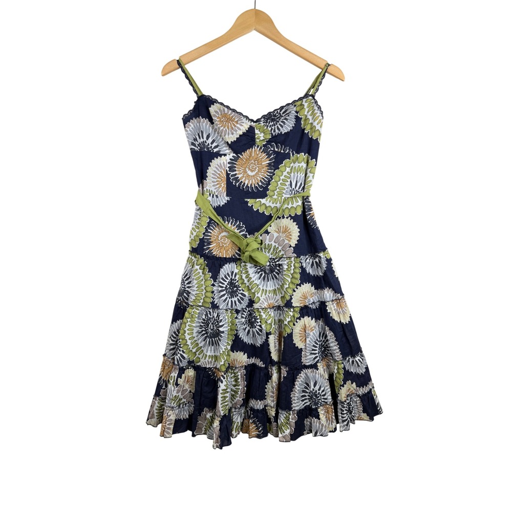 BCBGMAXAZRIA Floral Medallion Ruffle Spaghetti Strap Dress size 4 Blue/Green